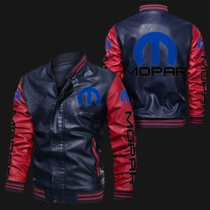 Navy and Red Mopar bomber leather jacket front and back view with logo on chest, sleeves, arms, and bold Mopar branding on back.