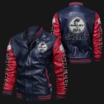 Navy and Red Shelby bomber leather jacket front and back view with bold Shelby logos on chest, sleeves, arms, and back, rib-knit collar cuffs waistband and zip closure