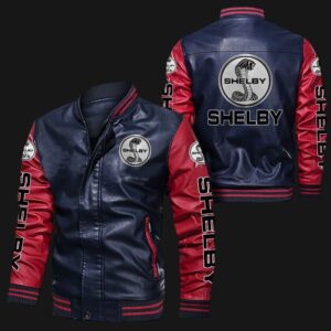 Navy and Red Shelby bomber leather jacket front and back view with bold Shelby logos on chest, sleeves, arms, and back, rib-knit collar cuffs waistband and zip closure