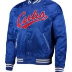 Polo Ralph Lauren Chicago Cubs blue satin jacket front view with Cubs lettering and Ralph detail, ribbed collar and snap button closure.
