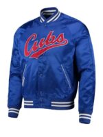 Polo Ralph Lauren Chicago Cubs blue satin jacket front view with Cubs lettering and Ralph detail, ribbed collar and snap button closure.