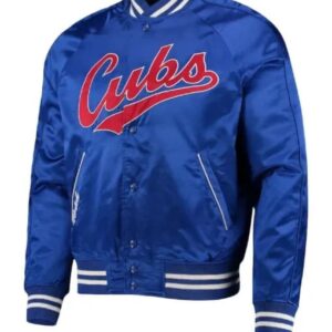 Polo Ralph Lauren Chicago Cubs blue satin jacket front view with Cubs lettering and Ralph detail, ribbed collar and snap button closure.