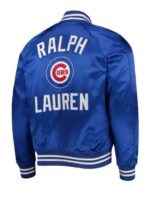 Polo Ralph Lauren Chicago Cubs blue satin jacket back view with Ralph Lauren text and Chicago Cubs logo design.