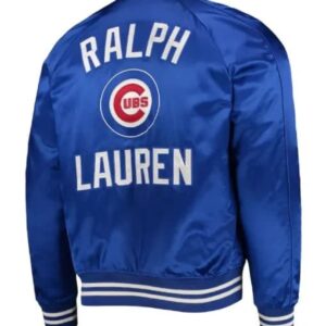 Polo Ralph Lauren Chicago Cubs blue satin jacket back view with Ralph Lauren text and Chicago Cubs logo design.