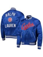 Polo Ralph Lauren Chicago Cubs blue satin jacket front and back view showing Cubs branding and Ralph Lauren logo details.