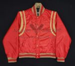 Ralph Lauren Polo Ball red satin jacket front view with snap button closure, ribbed collar, cuffs, and cream detailing