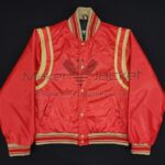 Ralph Lauren Polo Ball red satin jacket front view with snap button closure, ribbed collar, cuffs, and cream detailing