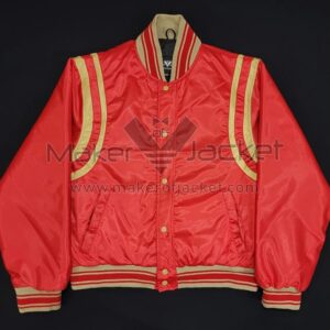 Ralph Lauren Polo Ball red satin jacket front view with snap button closure, ribbed collar, cuffs, and cream detailing