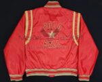 Ralph Lauren Polo Ball red and cream satin jacket back view with smooth finish and ribbed waistband design