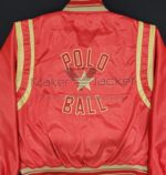 Ralph Lauren Polo Ball red satin jacket Back view of polo Ball Spell with star patch.