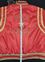 Ralph Lauren Polo Ball red satin jacket back view of jacket length measurement.