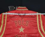 Ralph Lauren Polo Ball red satin jacket Back view of shoulder measurement.