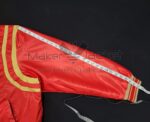 Ralph Lauren Polo Ball red satin jacket sleeve view of meaurement and rib knit cuffs.