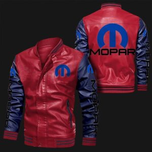 Red and Navy Mopar bomber leather jacket front and back view with logo on chest, sleeves, arms, and bold Mopar branding on back.