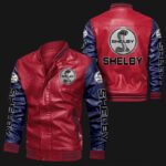 Red and Navy Shelby bomber leather jacket front and back view with bold Shelby logos on chest, sleeves, arms, and back, rib-knit collar cuffs waistband and zip closure