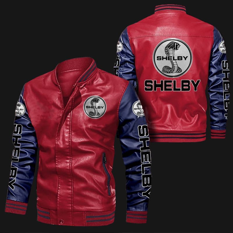 Red-Navy-Shelby-Bomber-Leather-Jacket-1 Red and Navy Shelby bomber leather jacket front and back view with bold Shelby logos on chest, sleeves, arms, and back, rib-knit collar cuffs waistband and zip closure