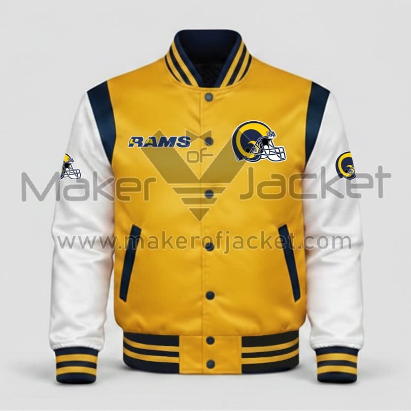 Yellow-White-Los-Angeles-Rams-Satin-Jacket-1 Yellow White Los Angeles Rams Satin Jacket front view with chest logos, snap buttons, and rib-knit collar, cuffs, and waistband.