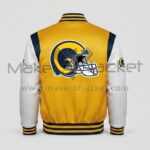 Yellow White Los Angeles Rams Satin Jacket back view featuring large LA Rams helmet logo on satin finish.