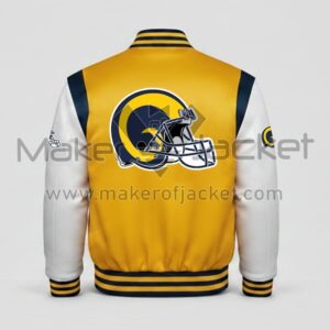 Yellow White Los Angeles Rams Satin Jacket back view featuring large LA Rams helmet logo on satin finish.