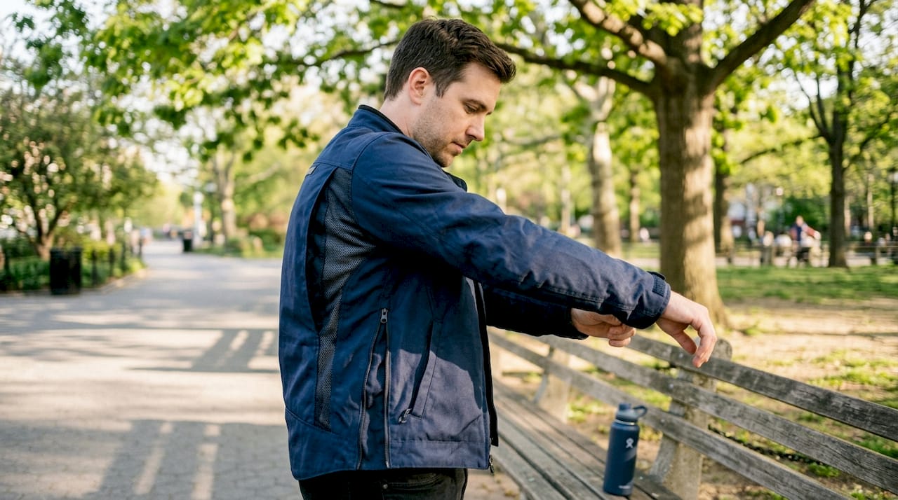 Man putting on ventilated jacket in park