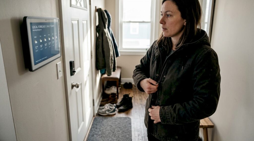 Person zipping jacket in home entryway