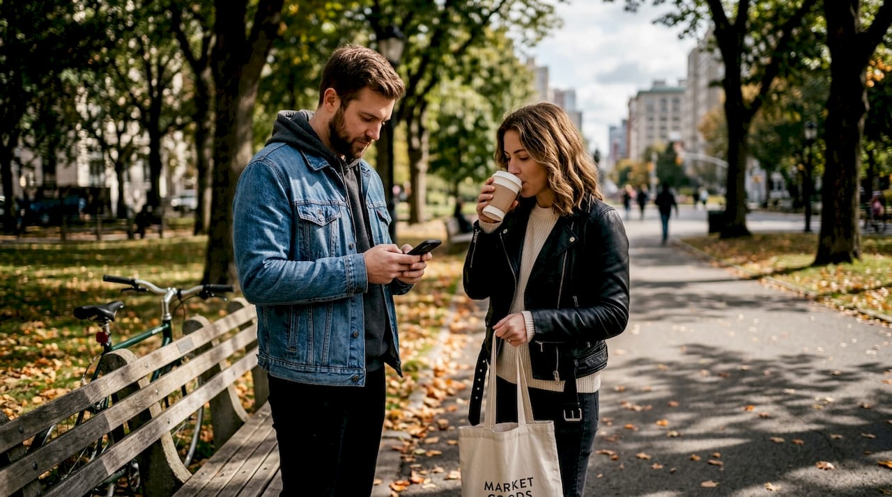 Young adults in denim and leather jackets in city park