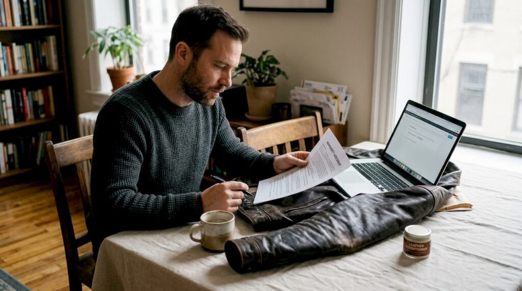 Man reviewing leather jacket warranty at kitchen table
