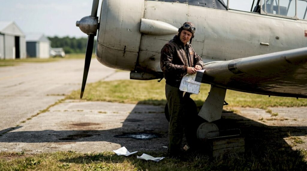 Pilot in original flight jacket at vintage airfield