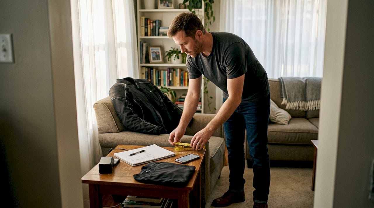 Motorcyclist preparing measurement workspace at home