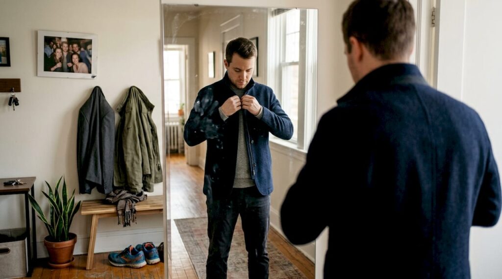 Man checking jacket fit in home hallway mirror