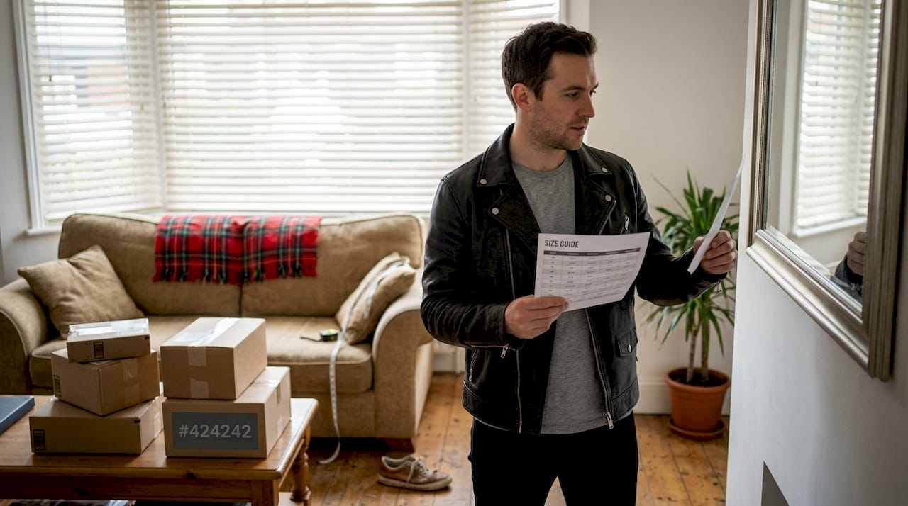 Man consulting jacket size guide at home
