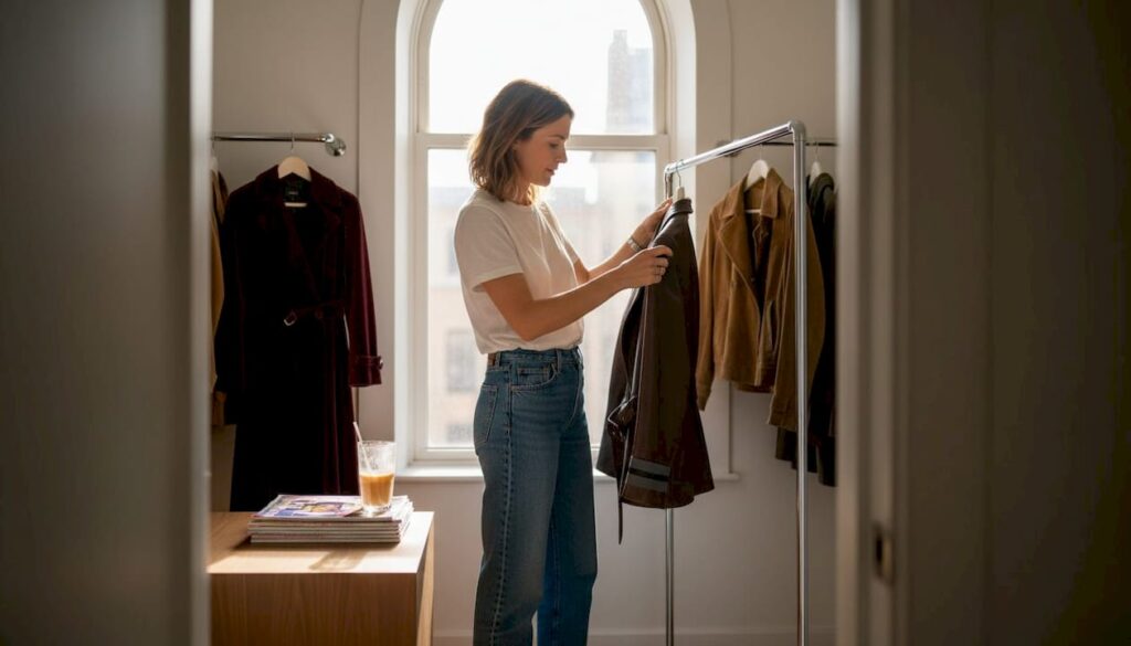 Stylist examining shaped leather jacket