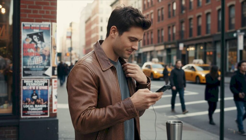 Celebrity wearing leather jacket downtown street