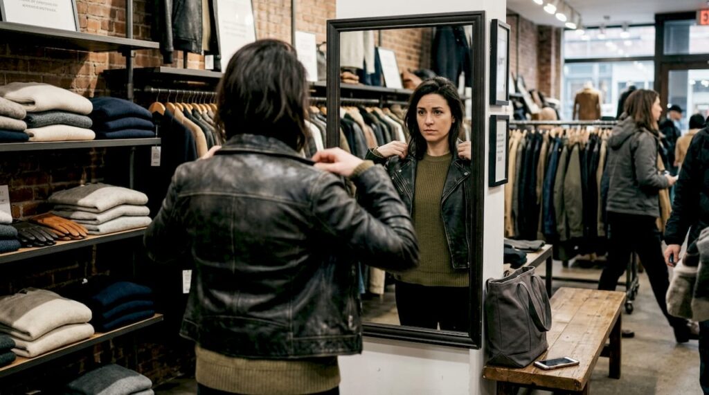 Woman trying on jacket in clothing boutique