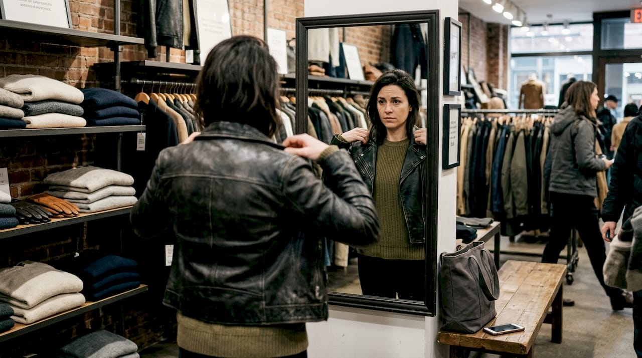 Woman trying on jacket in clothing boutique