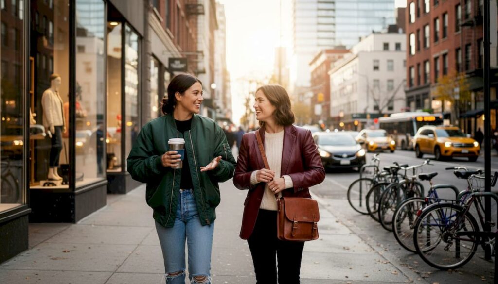 Friends in trendy 2025 jackets on city street
