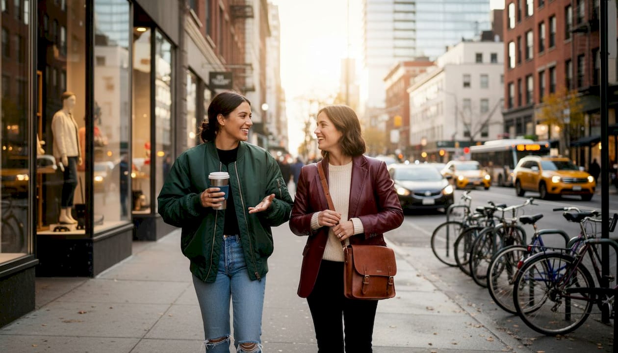 Friends in trendy 2025 jackets on city street