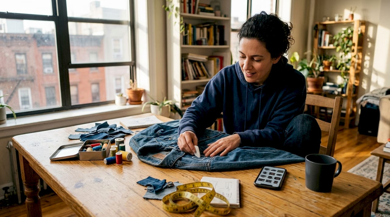 Designer sketching customization on denim jacket