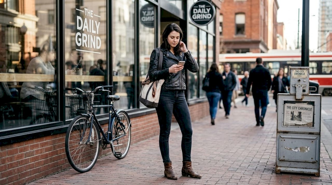Woman adjusting leather jacket outside café