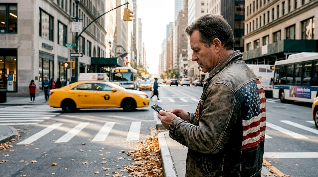 Man wearing leather flag jacket city street