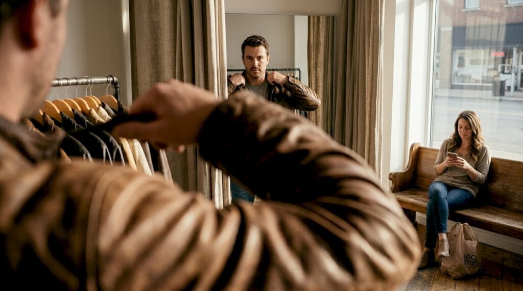 Man trying on jacket in local shop fitting area