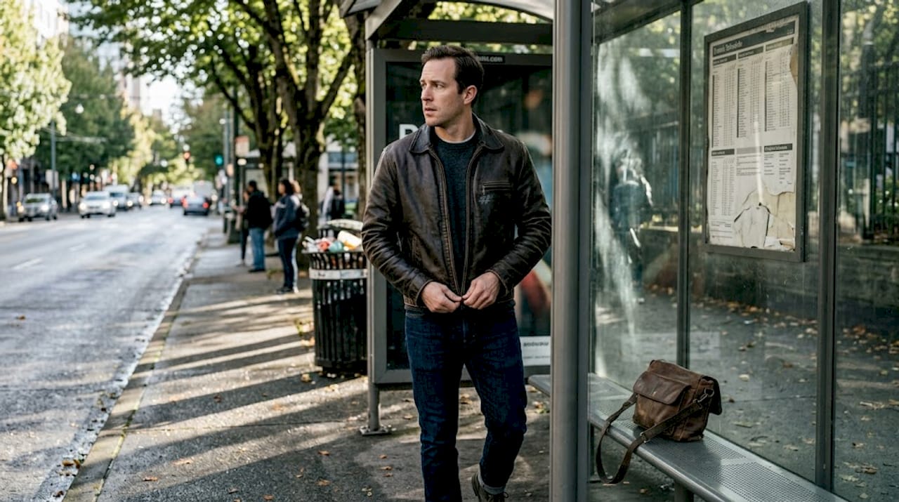Man zipping leather jacket at city bus stop