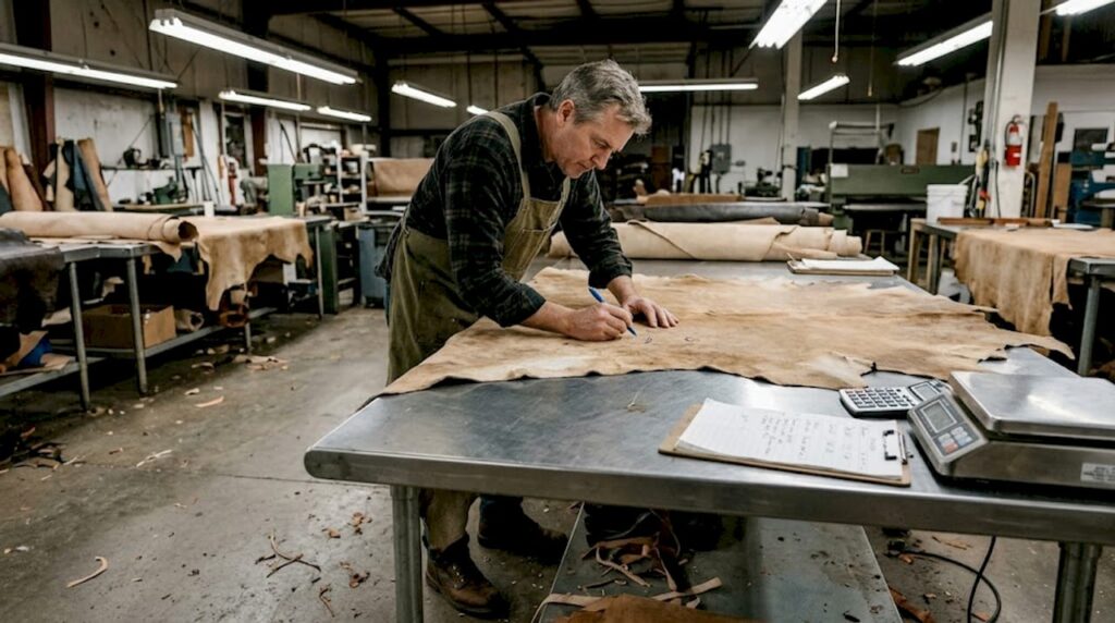 Technician inspecting leather hide in tannery
