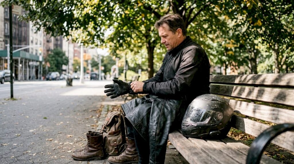Motorcycle rider putting on gloves in city park