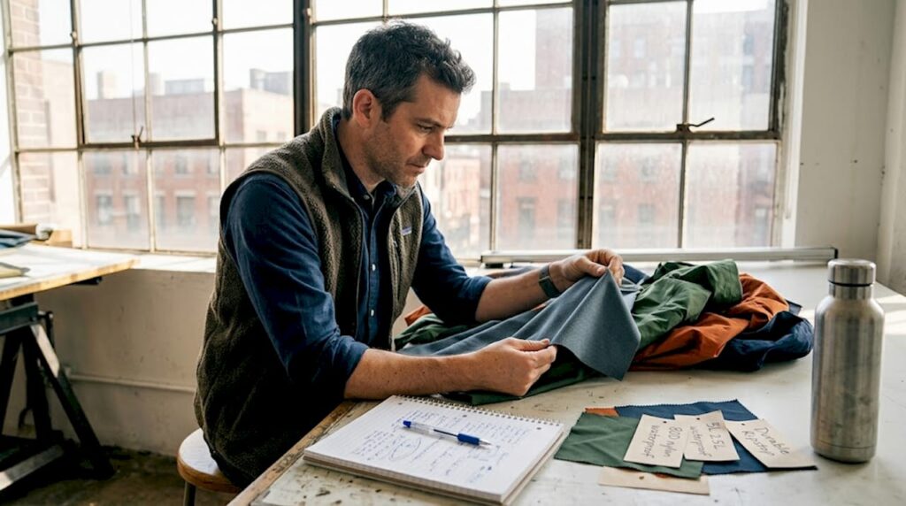 Designer inspecting premium jacket shell fabrics
