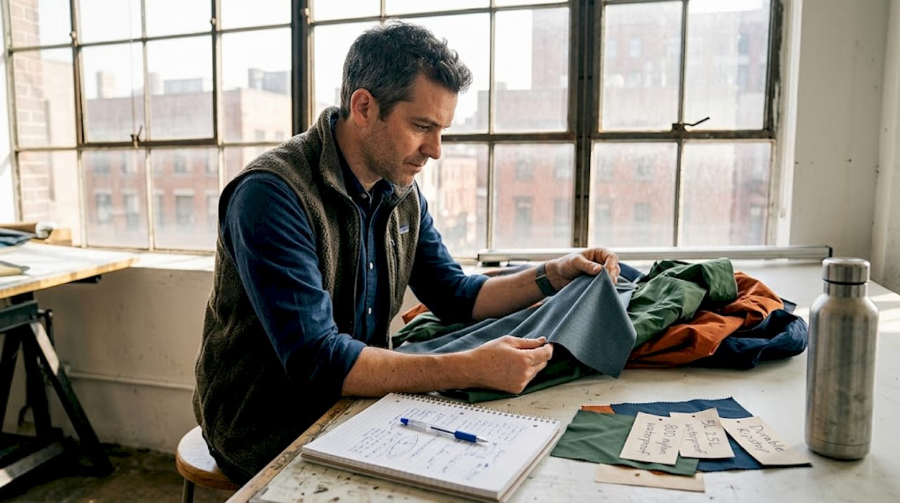 Designer inspecting premium jacket shell fabrics