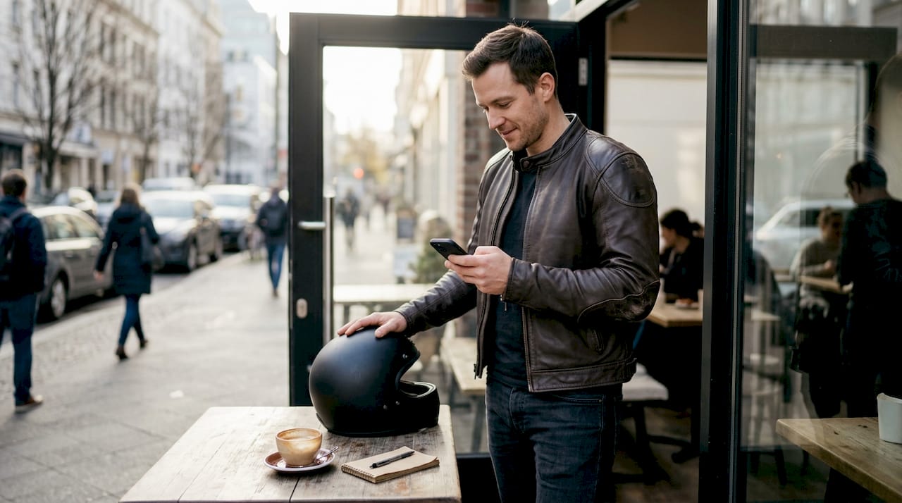 Man wearing motorcycle jacket outside café