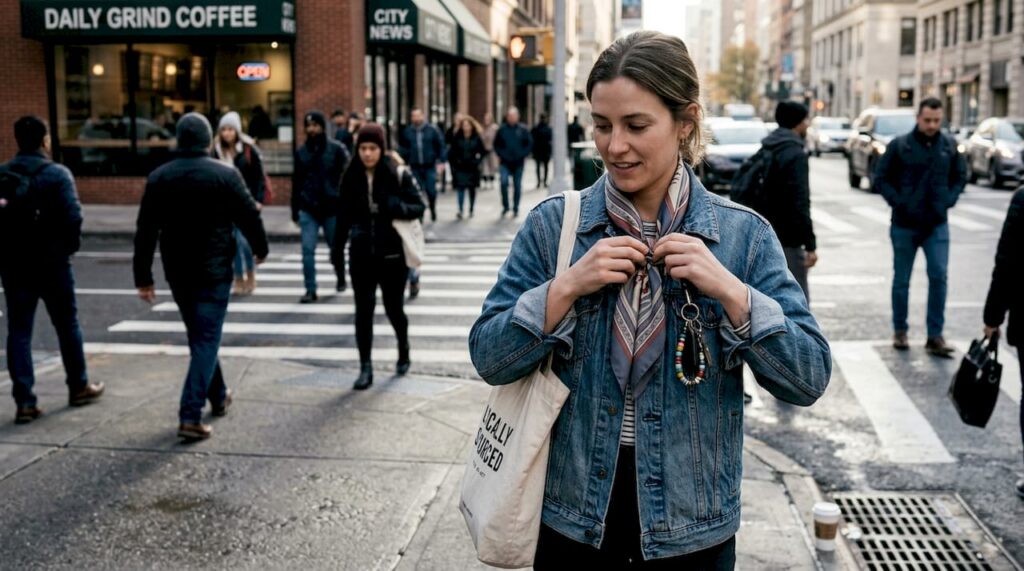 Woman styling jacket with scarf at crosswalk