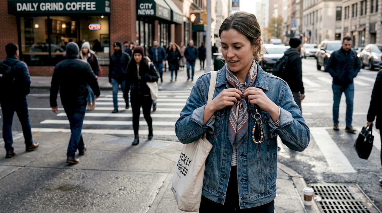 Woman styling jacket with scarf at crosswalk