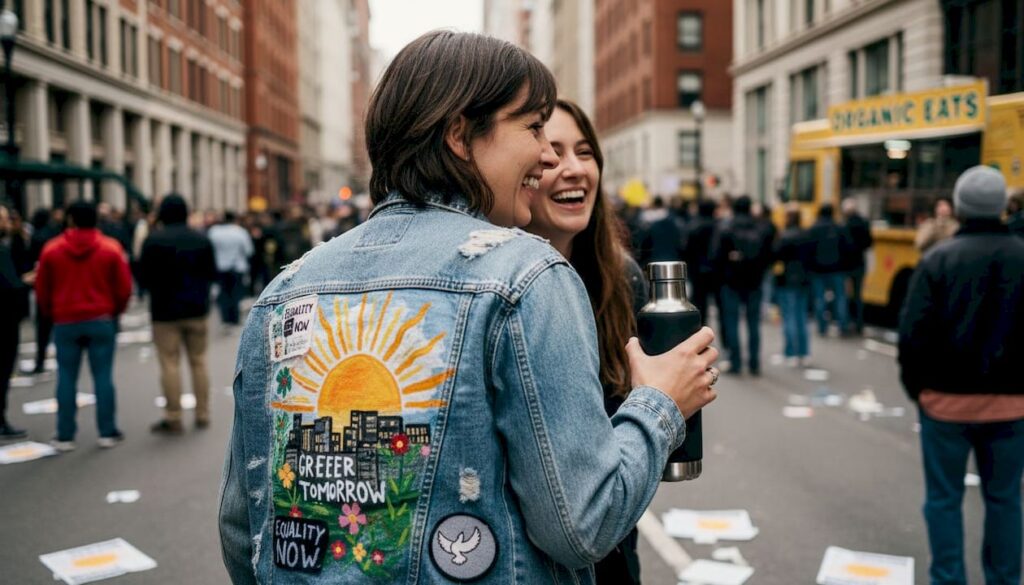 Woman wearing themed jacket at rally